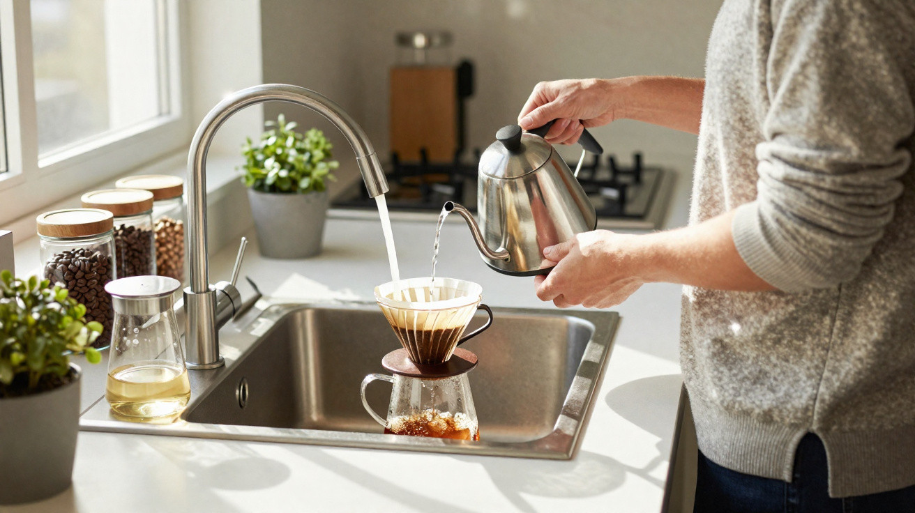 Pessoa a preparar café de filtro numa cozinha moderna com luz natural a entrar pela janela