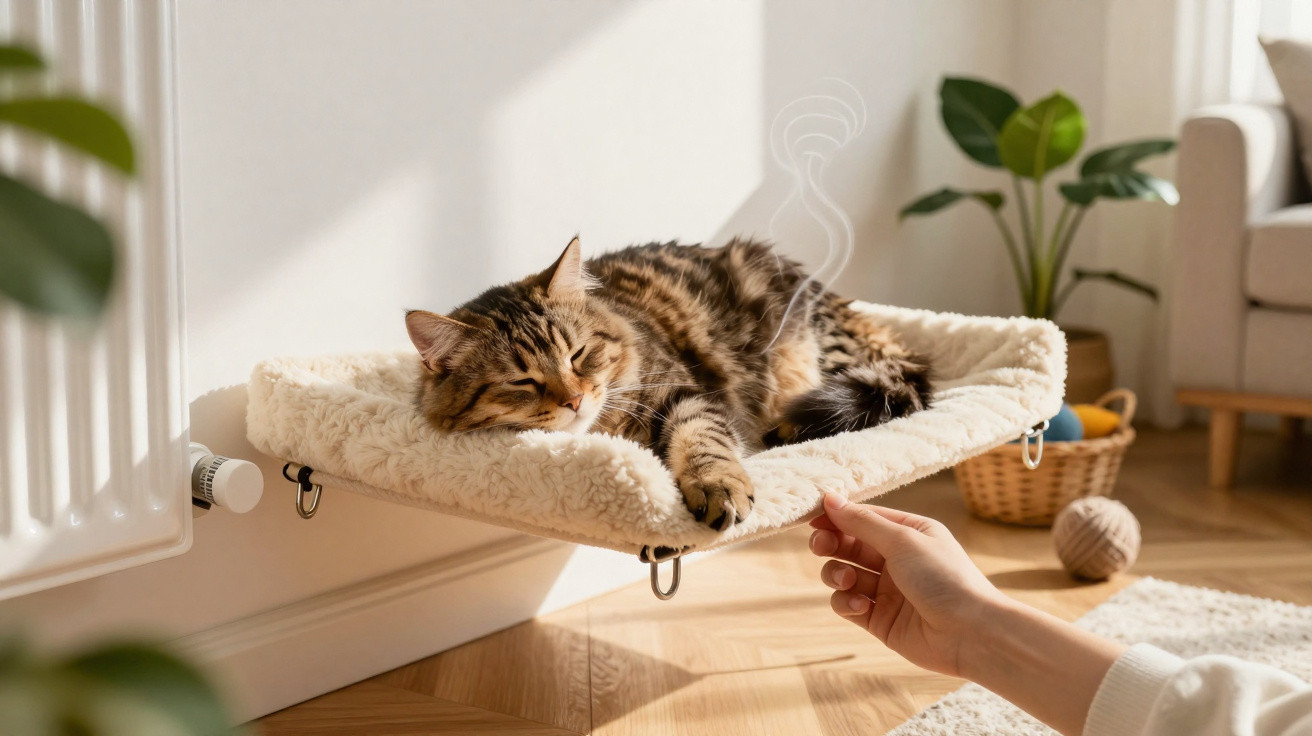 Gato a dormir num suporte de tecido preso à parede, com luz natural e mão humana a tocar no suporte.