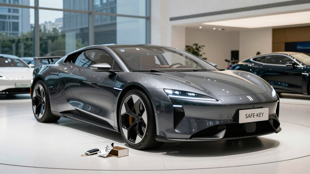 Carro desportivo elétrico cinza metálico em exposição numa sala moderna com chave e caixa prateada no chão.