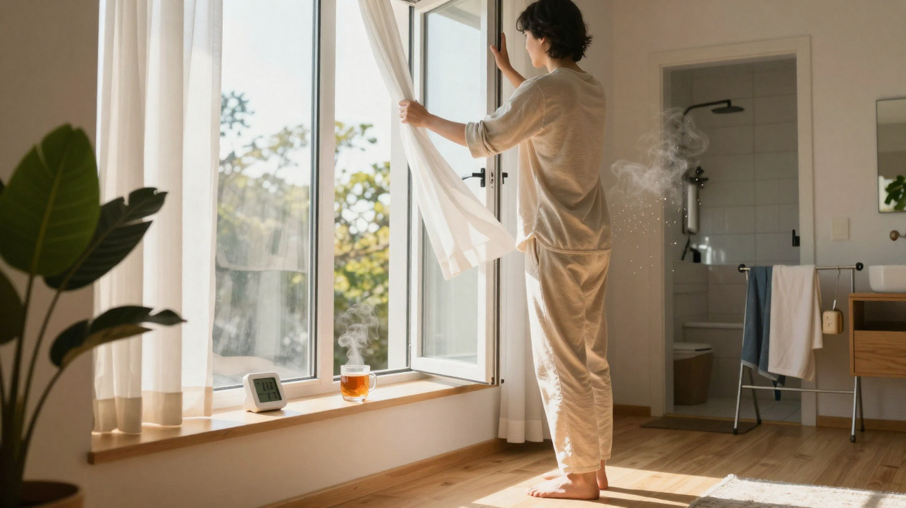 Pessoa em pijama a abrir cortina numa janela luminosa, com chá quente e um humidificador no peitoril.