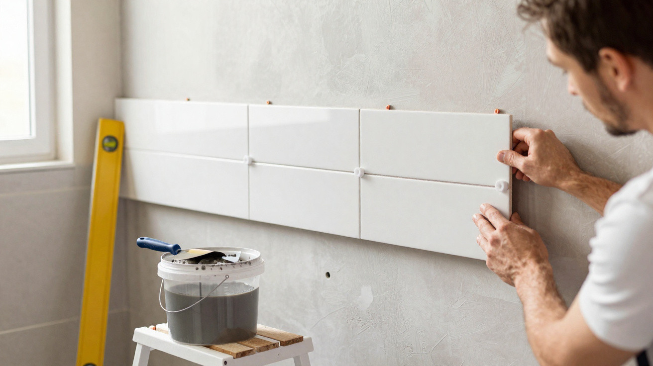 Homem a instalar azulejos brancos numa parede interior, usando espaçadores e régua de madeira.