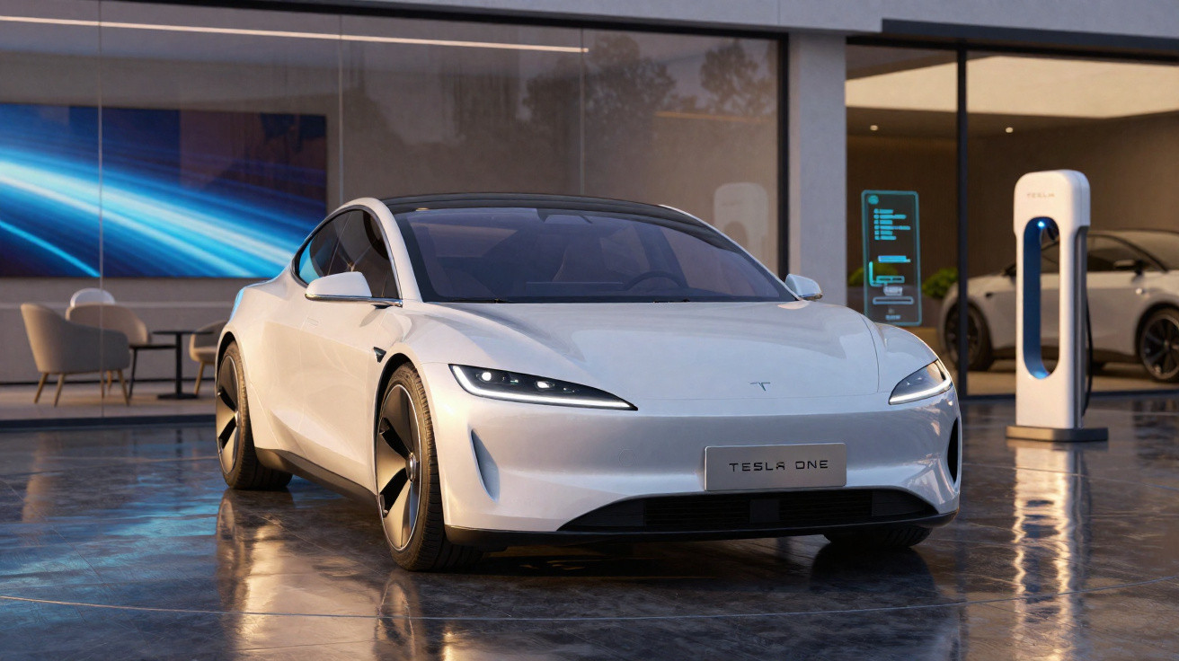 Carro elétrico Tesla branco estacionado em garagem moderna com estação de carregamento.
