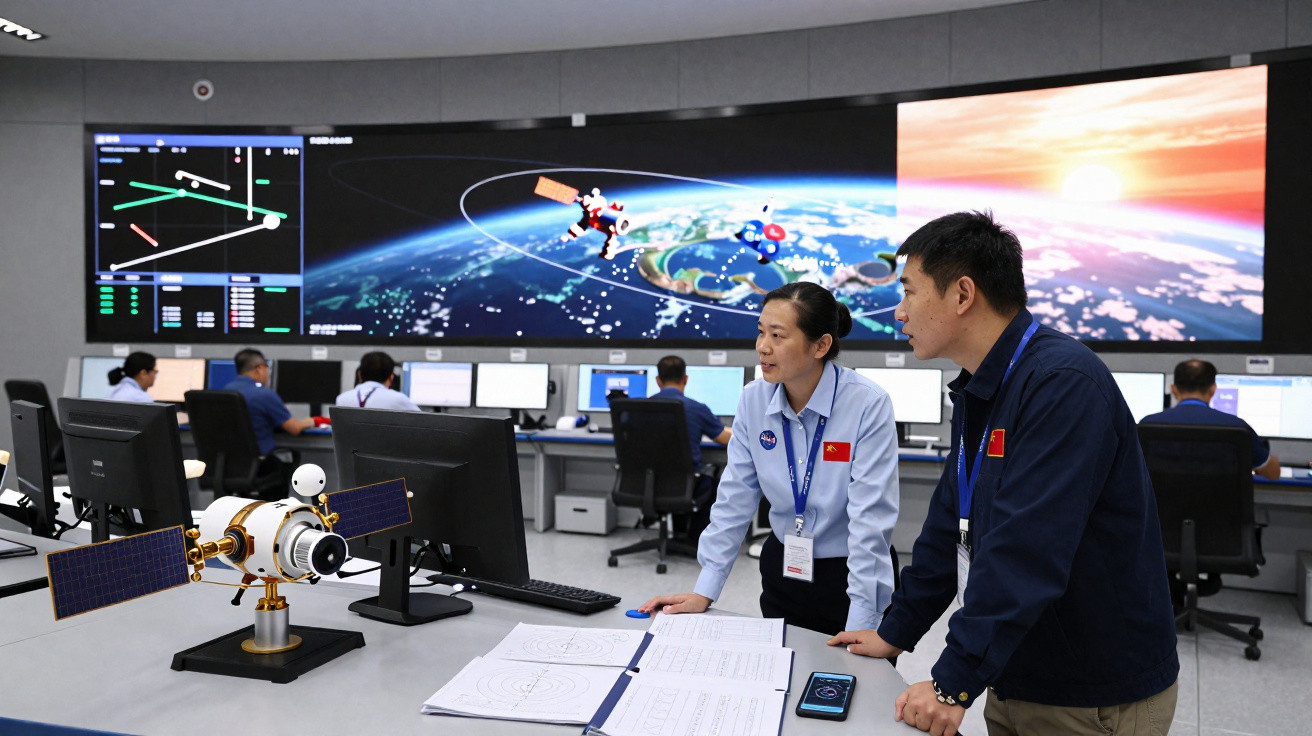 Equipa de engenheiros na sala de controlo da missão espacial com modelos e gráficos de satélites.