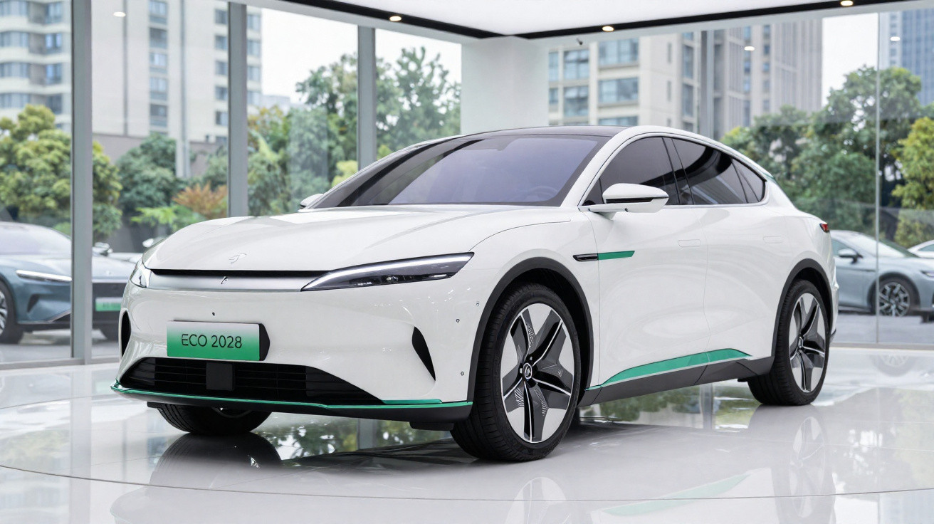 Carro eléctrico branco com detalhes verdes estacionado em showroom moderno e iluminado.