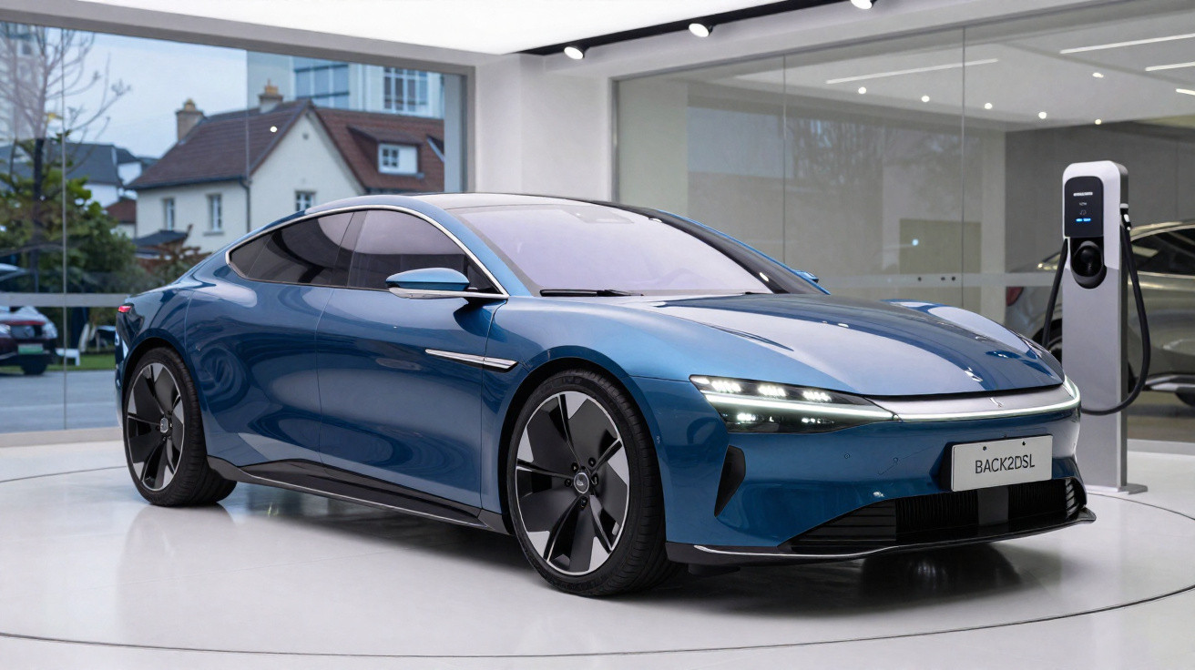 Carro elétrico azul moderno estacionado em showroom, com estação de carregamento visível ao fundo.