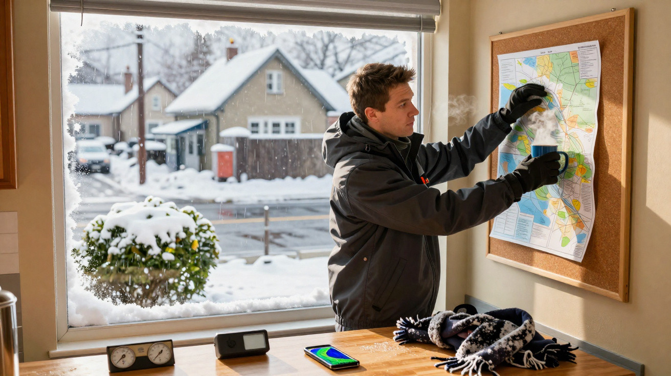 Homem a apontar para um mapa num quadro de cortiça dentro de casa, com vista para uma rua nevada através da janela aberta.