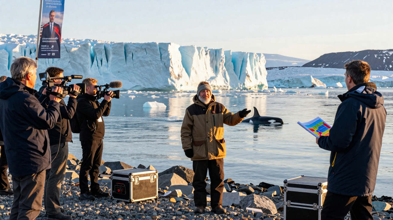 Equipe de filmagem entrevista homem junto a orca na costa gelada com geleira ao fundo.