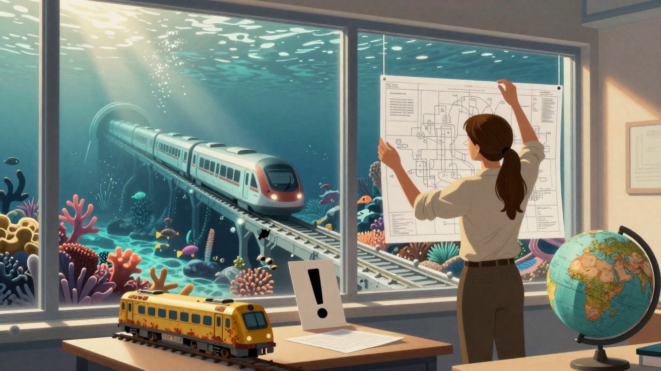 Mulher analisa mapa na parede de sala com maquete de comboio e janela mostrando comboio a passar sob água com peixes e corais