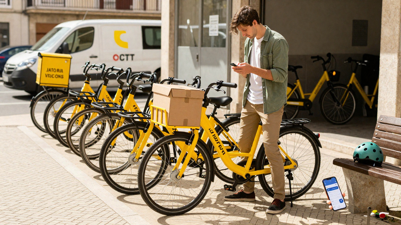 Homem jovem apoia-se numa bicicleta amarela de entregas CTT, a olhar para o telemóvel numa rua urbana.
