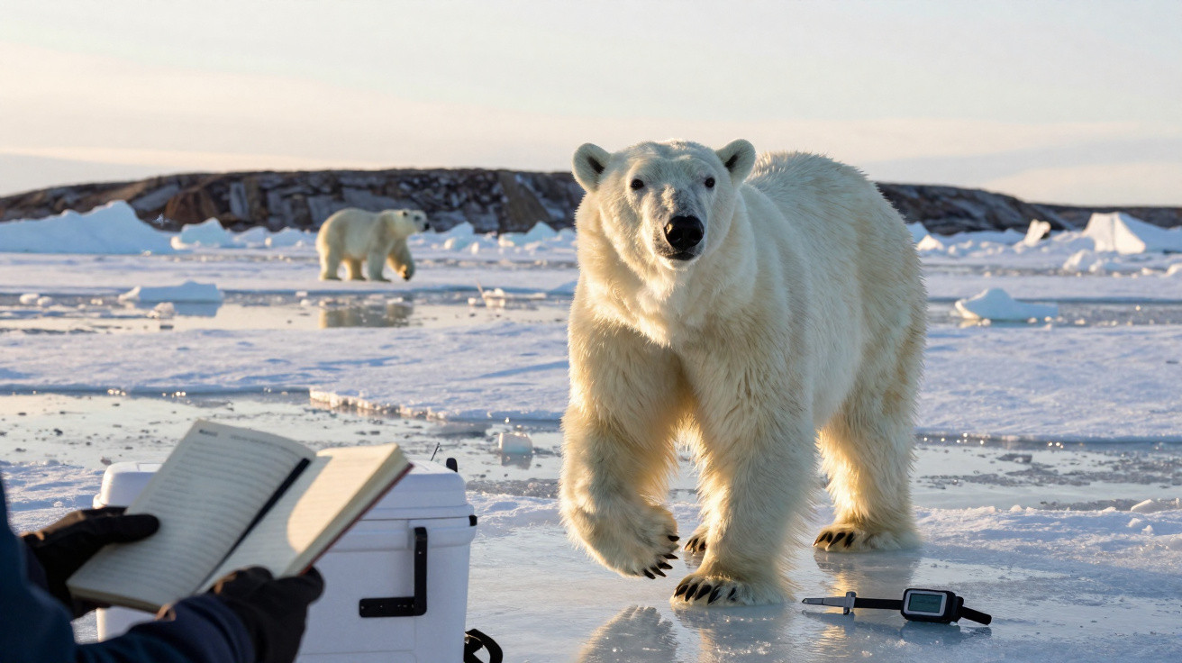 Urso polar branco a andar no gelo á frente de uma pessoa a escrever num caderno numa paisagem gelada.
