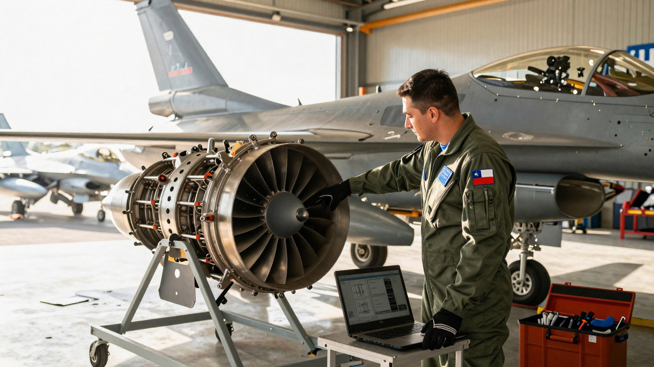 Técnico militar a inspecionar motor de jato de avião militar numa oficina com portátil na mão.