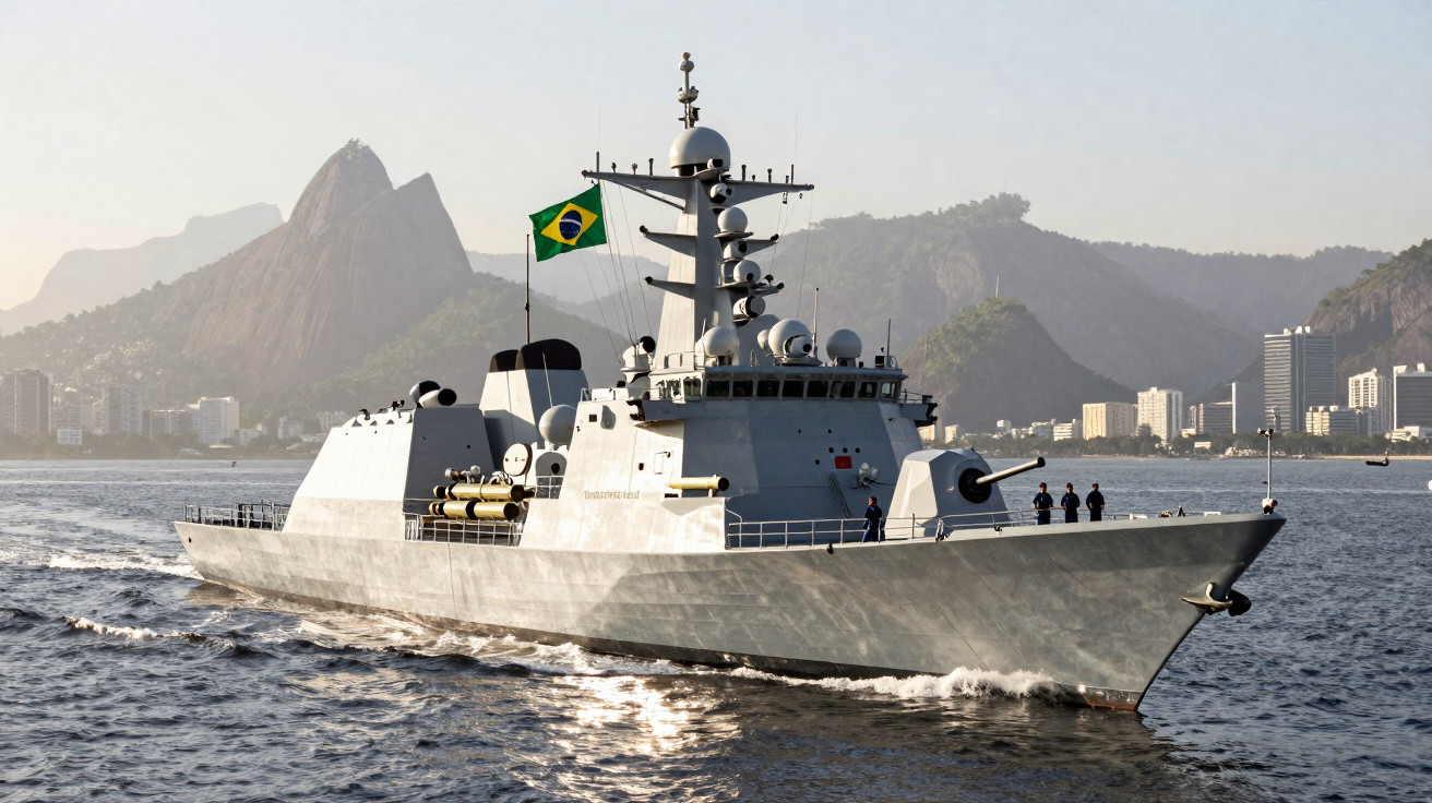 Navio de guerra brasileiro na baía com o Pão de Açúcar ao fundo, Rio de Janeiro.