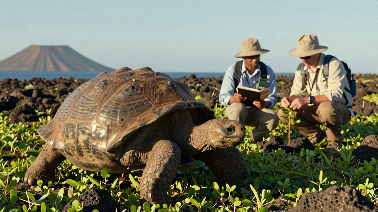 Tartaruga gigante em habitat natural com três cientistas a observá-la e a recolher dados ao fundo.