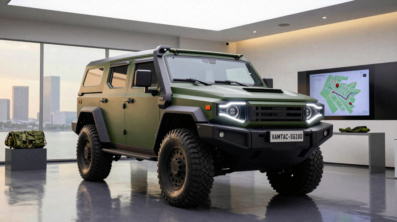 Veículo militar verde robusto exposto em sala moderna com mapas digitais nas paredes.