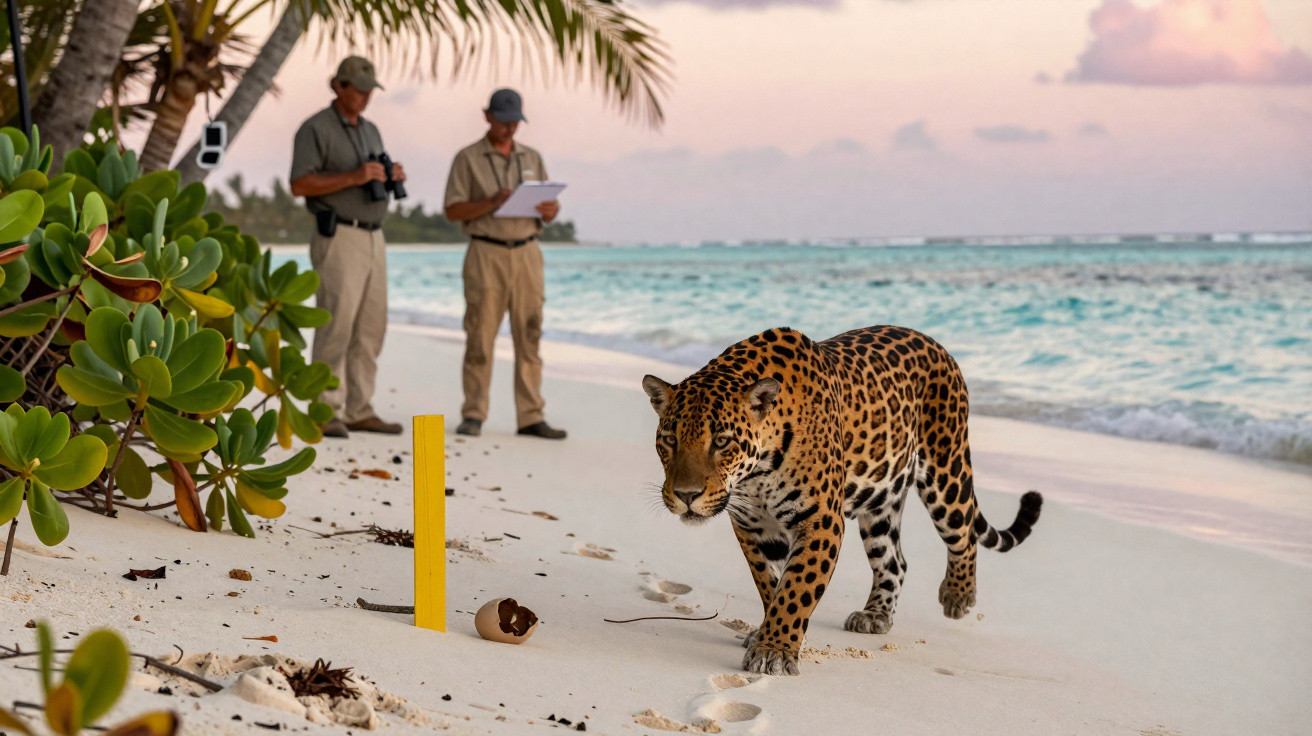 Jaguar a caminhar na areia da praia com dois investigadores ao fundo junto ao mar.