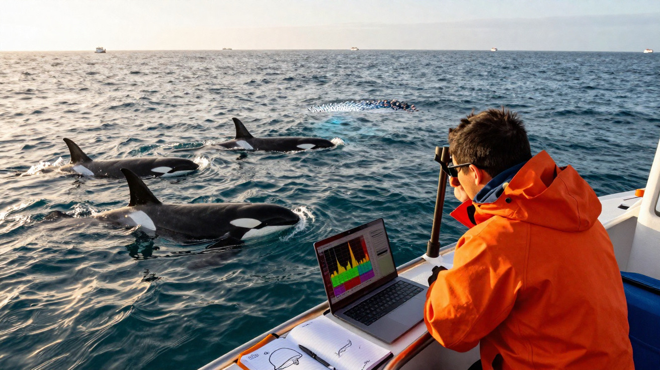 Investigador em barco observa grupo de orcas no mar com laptop e caderno de anotações ao lado.