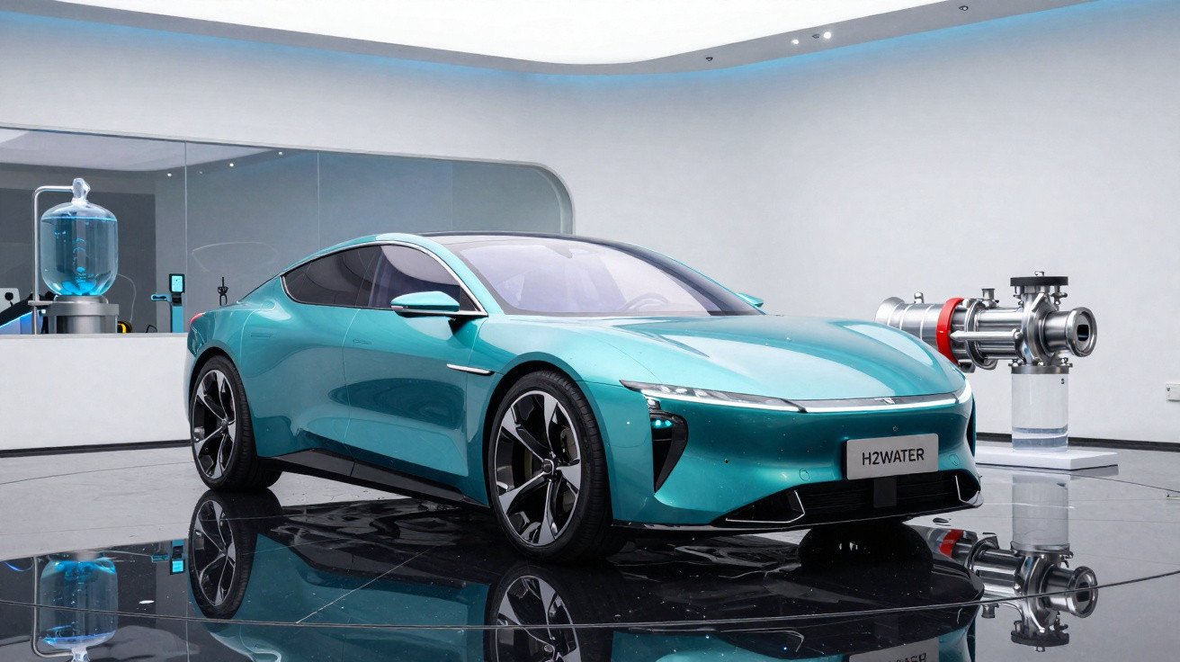 Carro elétrico azul H2Water em exposição numa sala moderna com chão espelhado e paredes brancas.