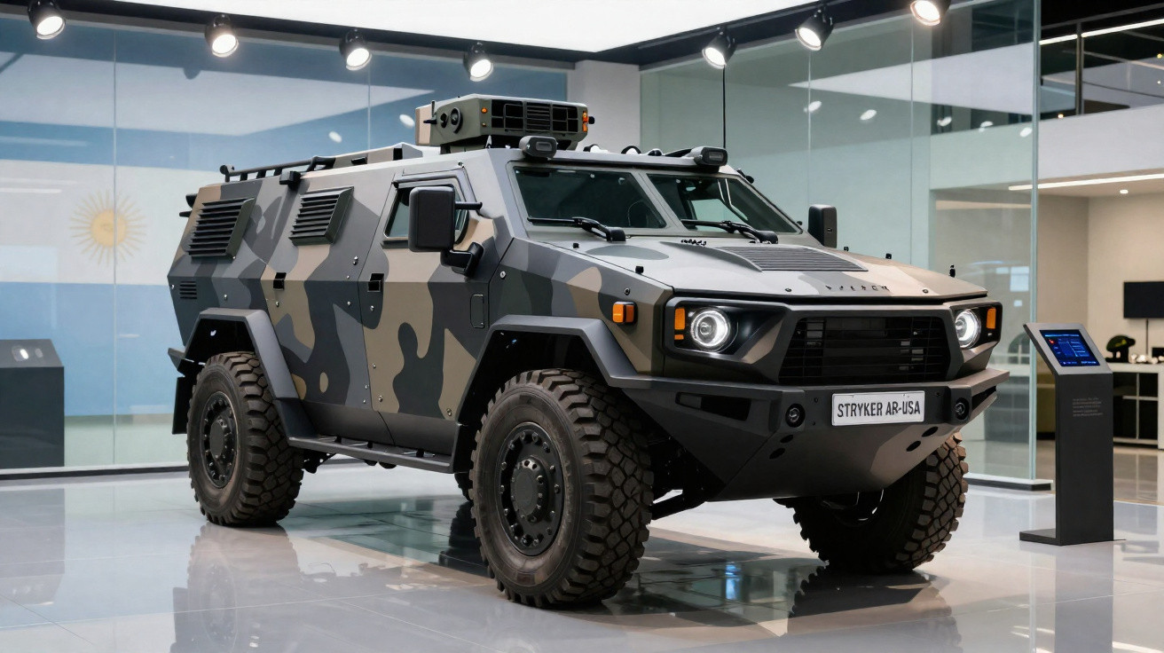 Veículo blindado militar cinzento com camuflagem, pneus robustos, em exibição numa sala moderna.