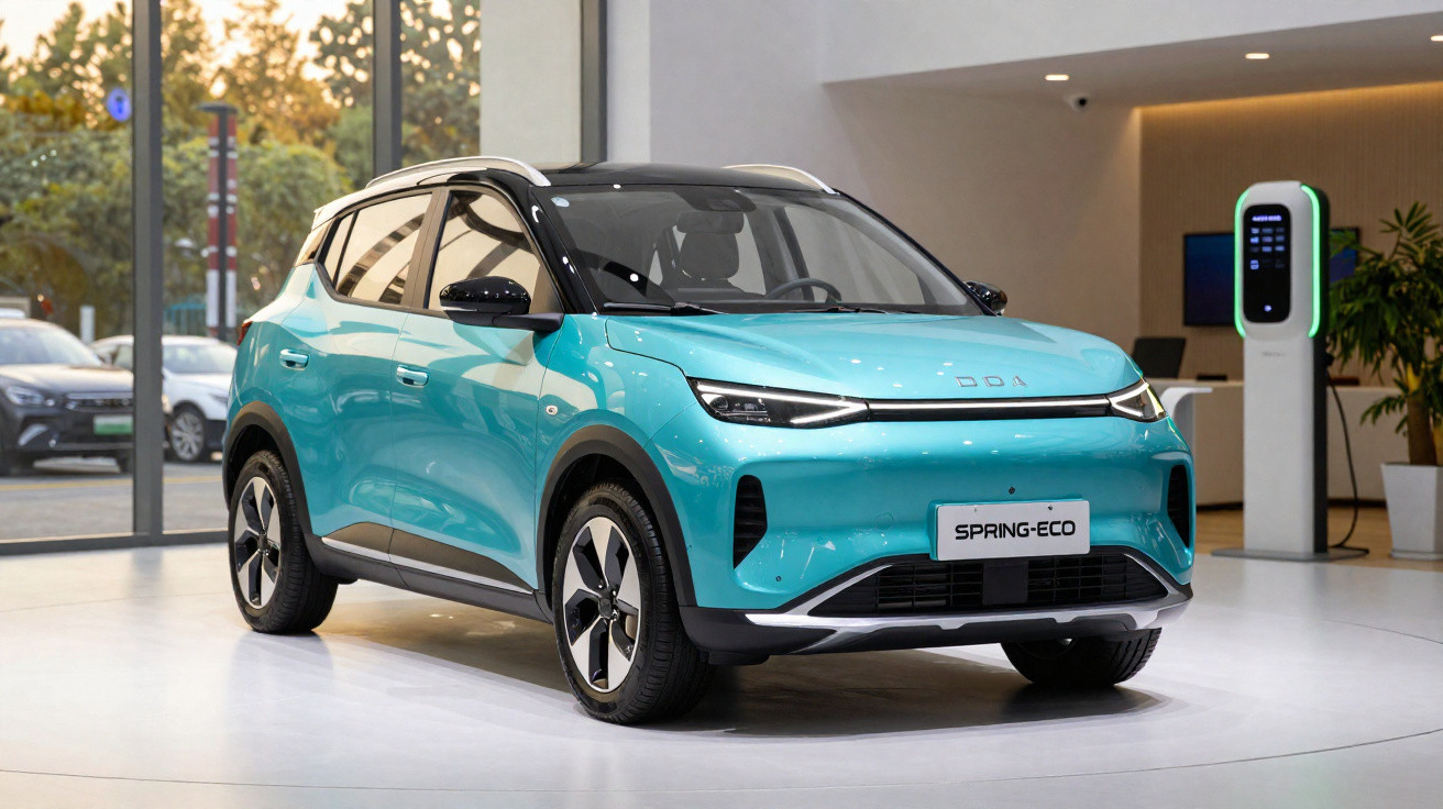 Carro elétrico compacto azul com detalhes pretos, modelo Spring-Eco, em showroom moderno iluminado.