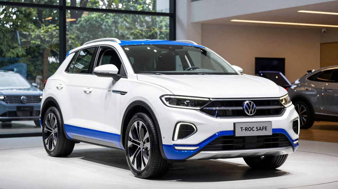 SUV Volkswagen T-Roc branco com detalhes azuis exposto numa sala de showroom moderna.