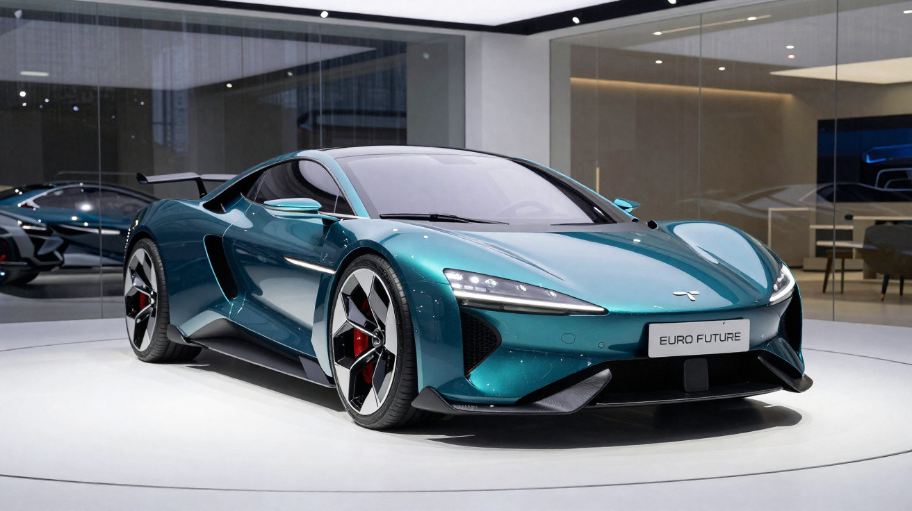 Carro desportivo elétrico azul metálico futurista em exposição numa sala moderna e iluminada.