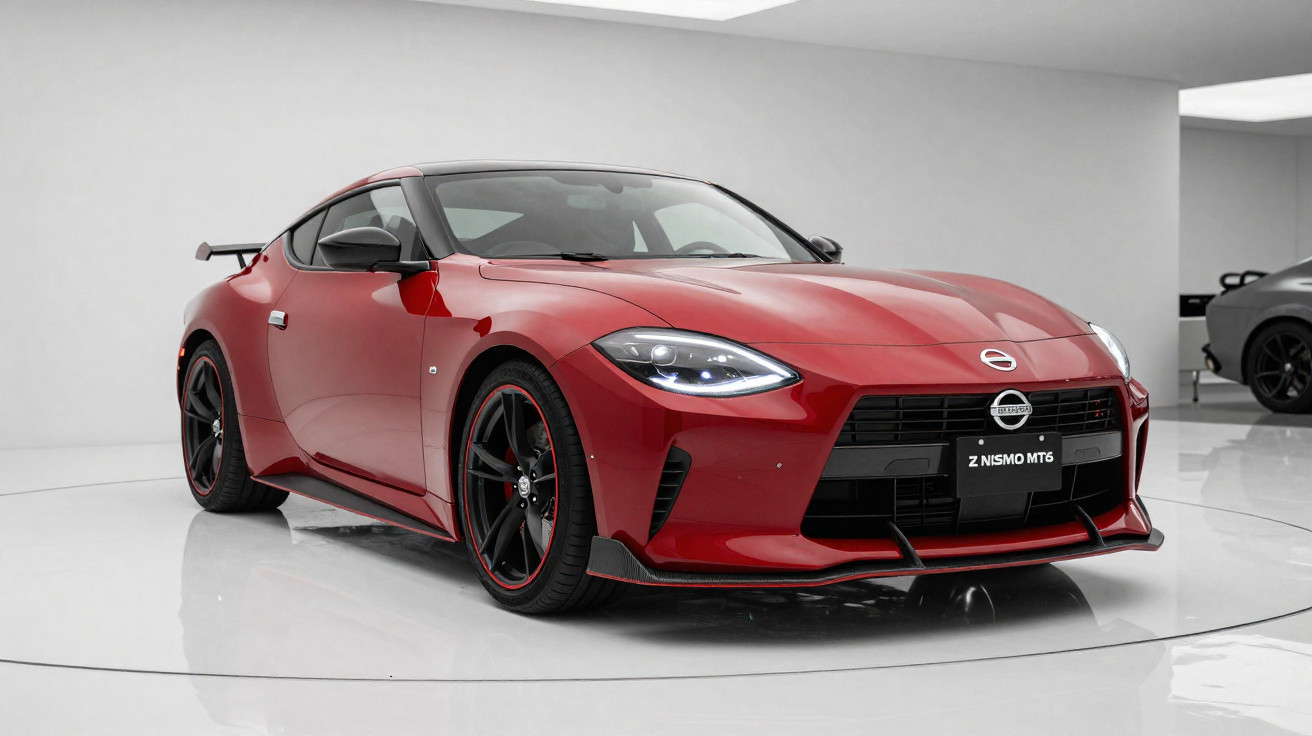 Carro desportivo Nissan Z Nismo vermelho num estúdio com fundo branco e outro carro preto ao fundo.