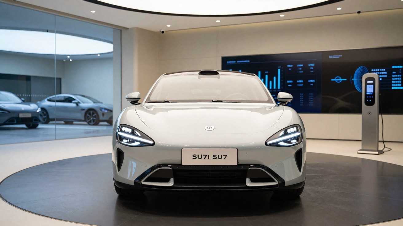 Carro elétrico branco exibido em showroom moderno com luzes de LED acesas e ecrãs digitais ao fundo.