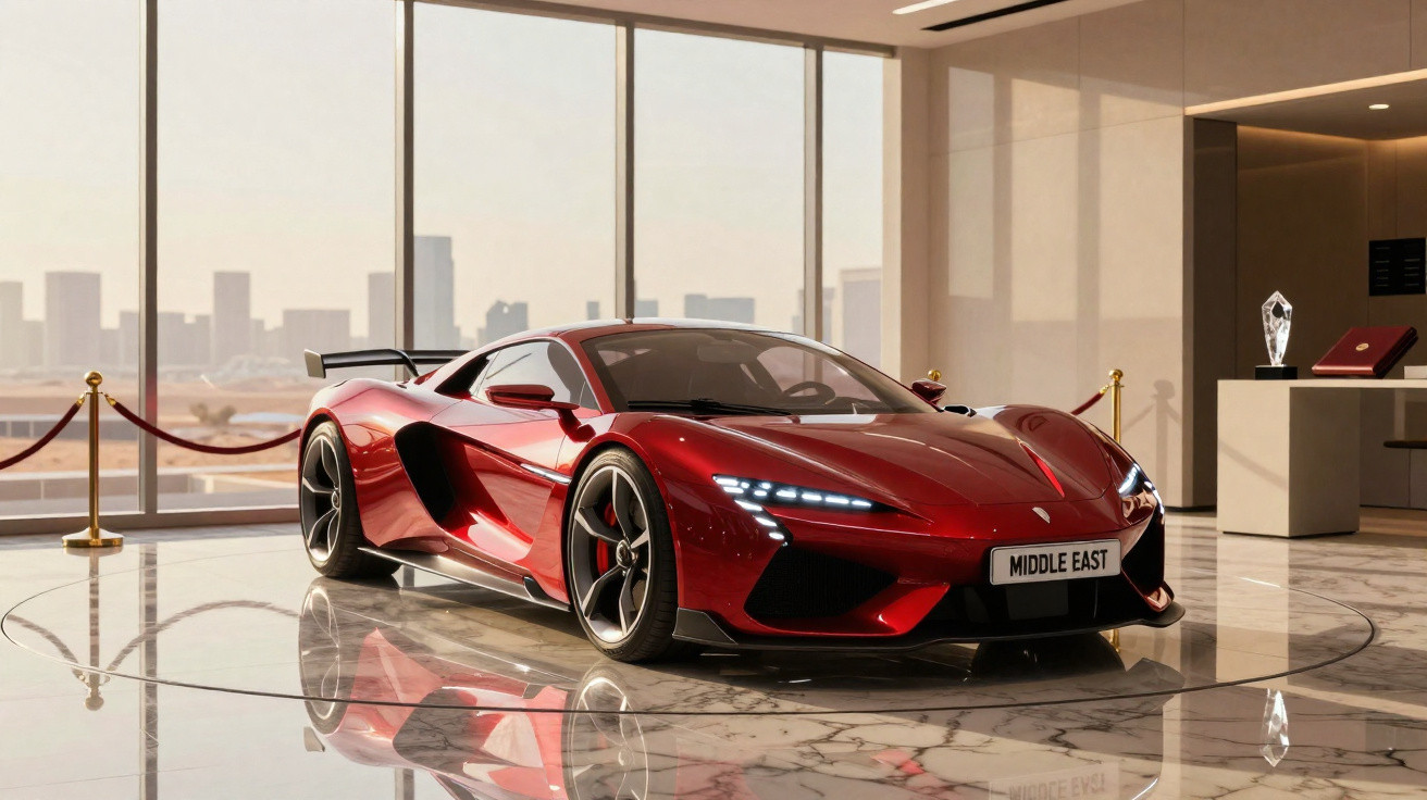 Carro desportivo vermelho de luxo exposto em interior moderno com janelas amplas e vista urbana ao fundo.