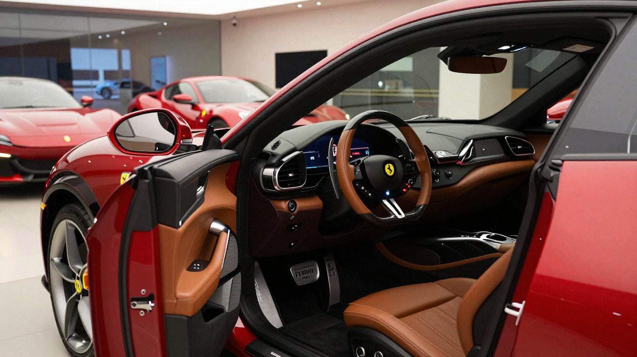 Interior de Ferrari vermelho com porta aberta em concessionária de carros de luxo.