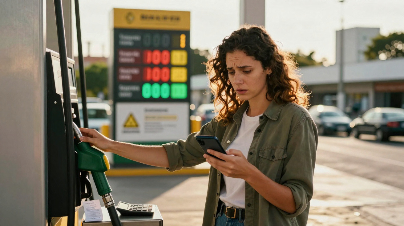 Mulher preocupada a usar telemóvel enquanto abastece carro numa bomba de gasolina.