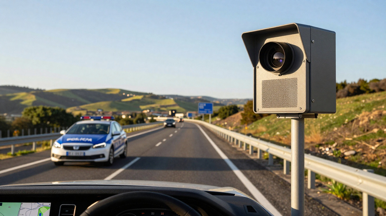 Radar de velocidade na berma de estrada com carro de polícia a seguir numa autoestrada rural.