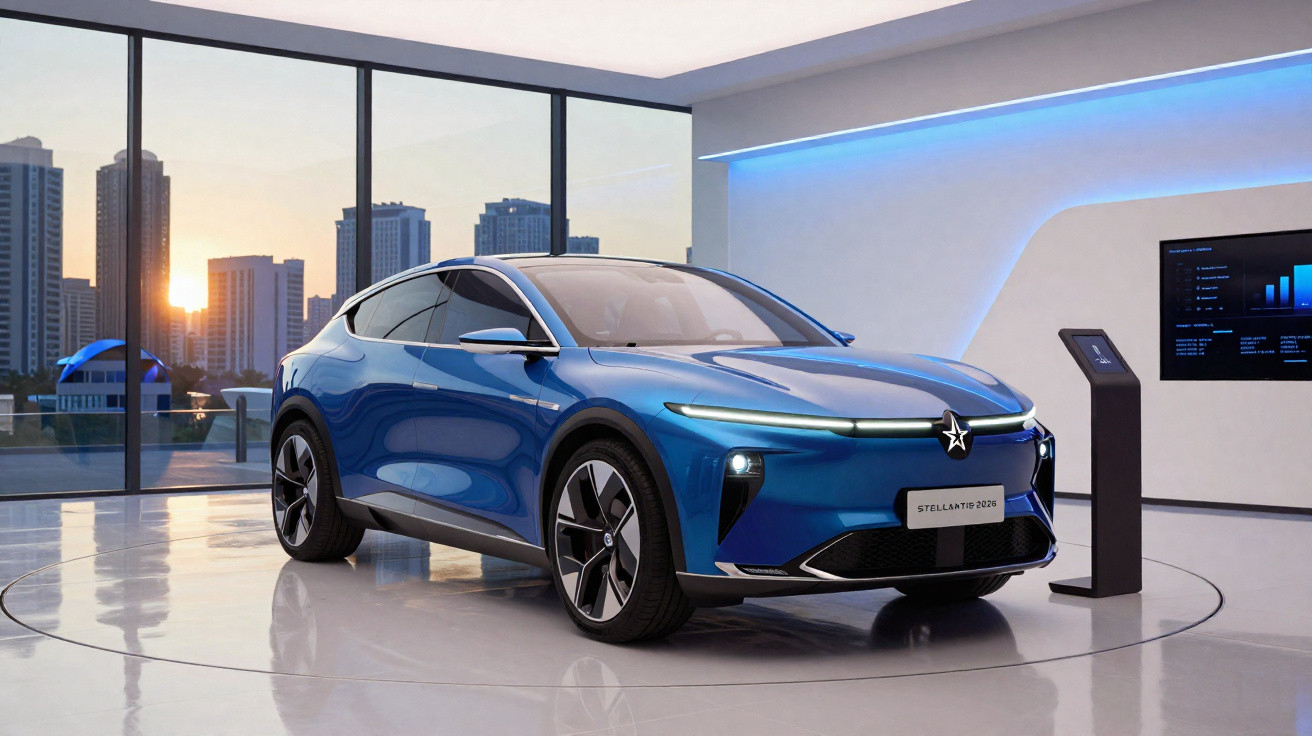 Carro eléctrico azul Stellantis 2026 exposto num salão moderno com janelas amplas e vista urbana ao fundo.