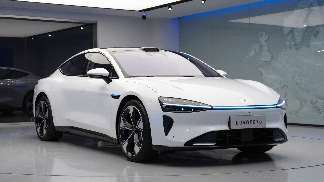 Carro elétrico desportivo branco com design moderno e linhas aerodinâmicas, em ambiente interior iluminado.