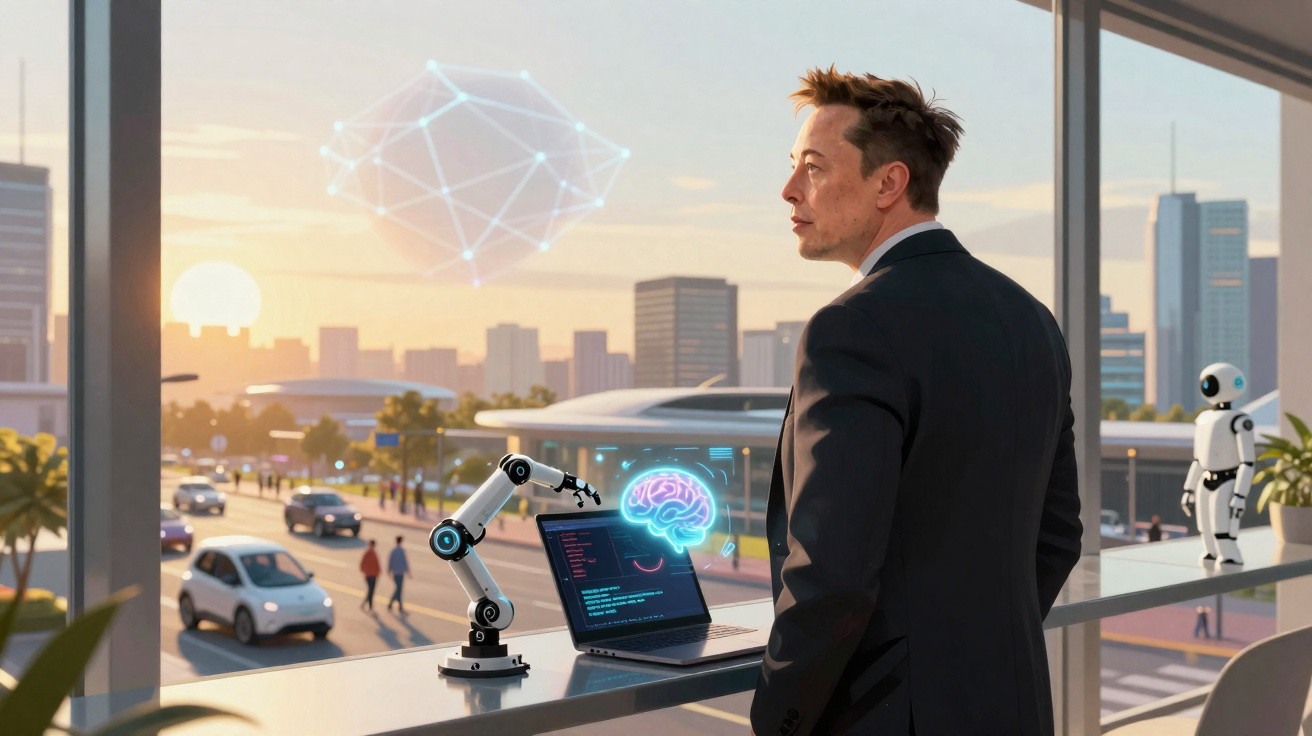 Homem de fato a trabalhar num computador portátil exibindo hologramas de cérebro e robôs numa cidade moderna.