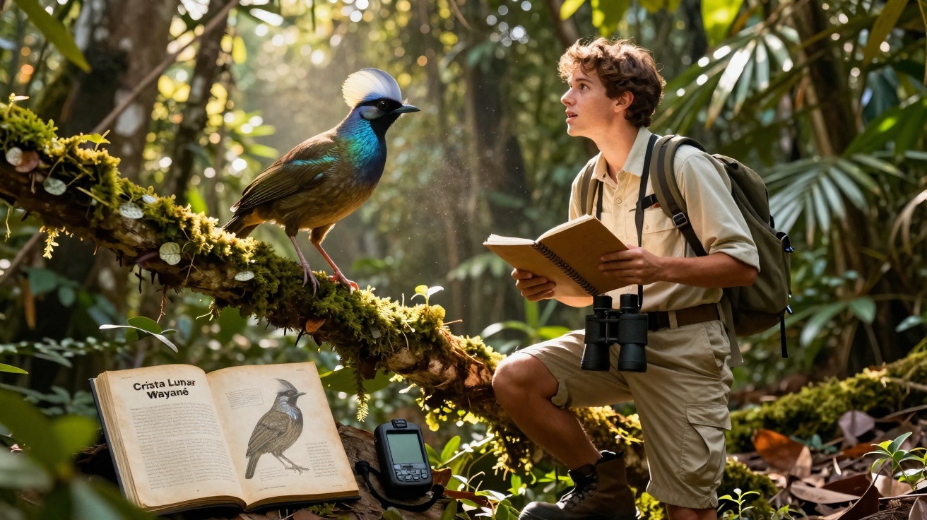 Jovem observador de aves numa floresta, segurando livro, com binóculos e pássaro colorido em tronco.