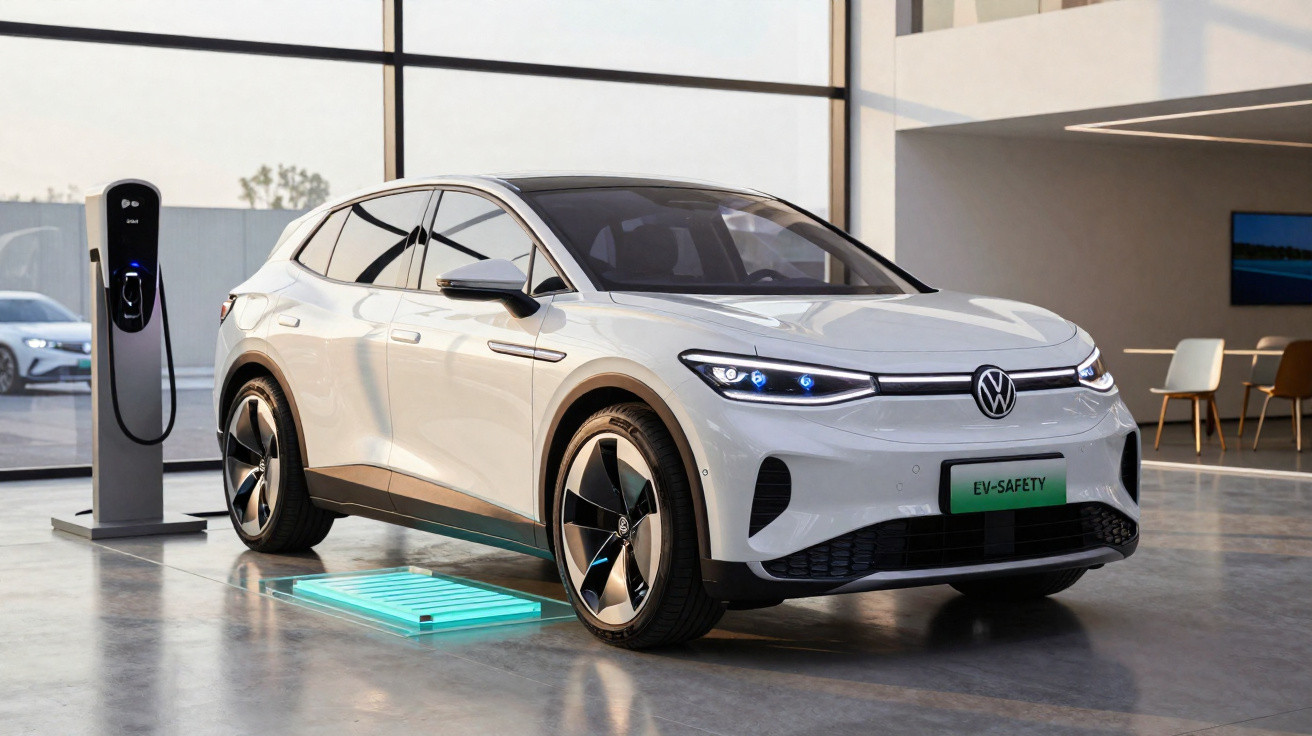 Carro elétrico Volkswagen branco estacionado junto a posto de carregamento numa garagem moderna.