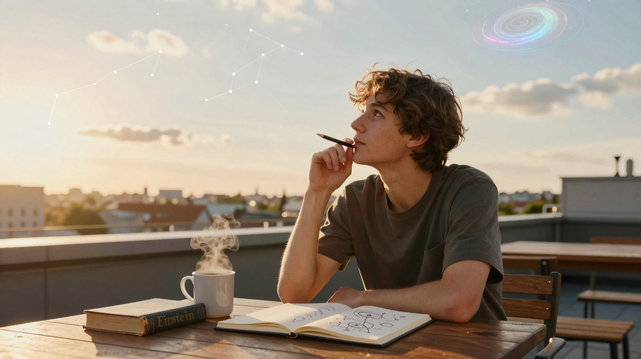 Jovem pensativo com lápis na mão, sentado numa mesa com livro, caderno e chá, pôr do sol ao fundo.