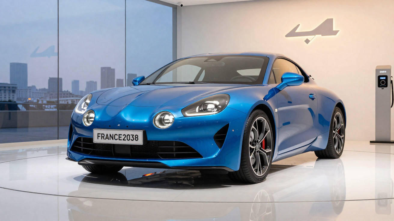 Carro desportivo azul Alpine A110 exibido em showroom com vista urbana ao fundo.
