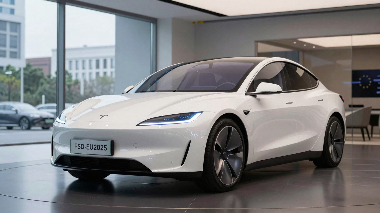 Carro elétrico luxuoso branco estacionado numa sala de exposições moderna com janelas grandes.