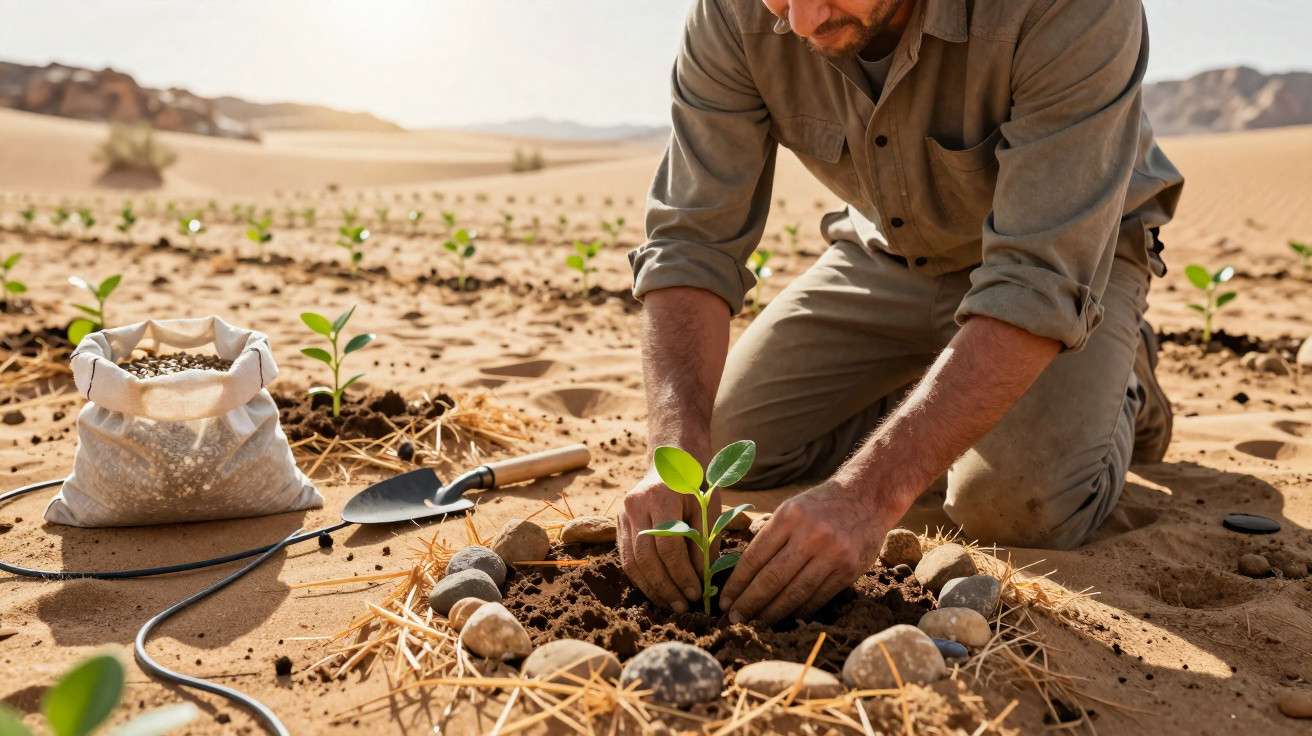Pessoa a plantar uma muda num círculo de pedras no meio de um campo com plantas jovens e sistema de irrigação.