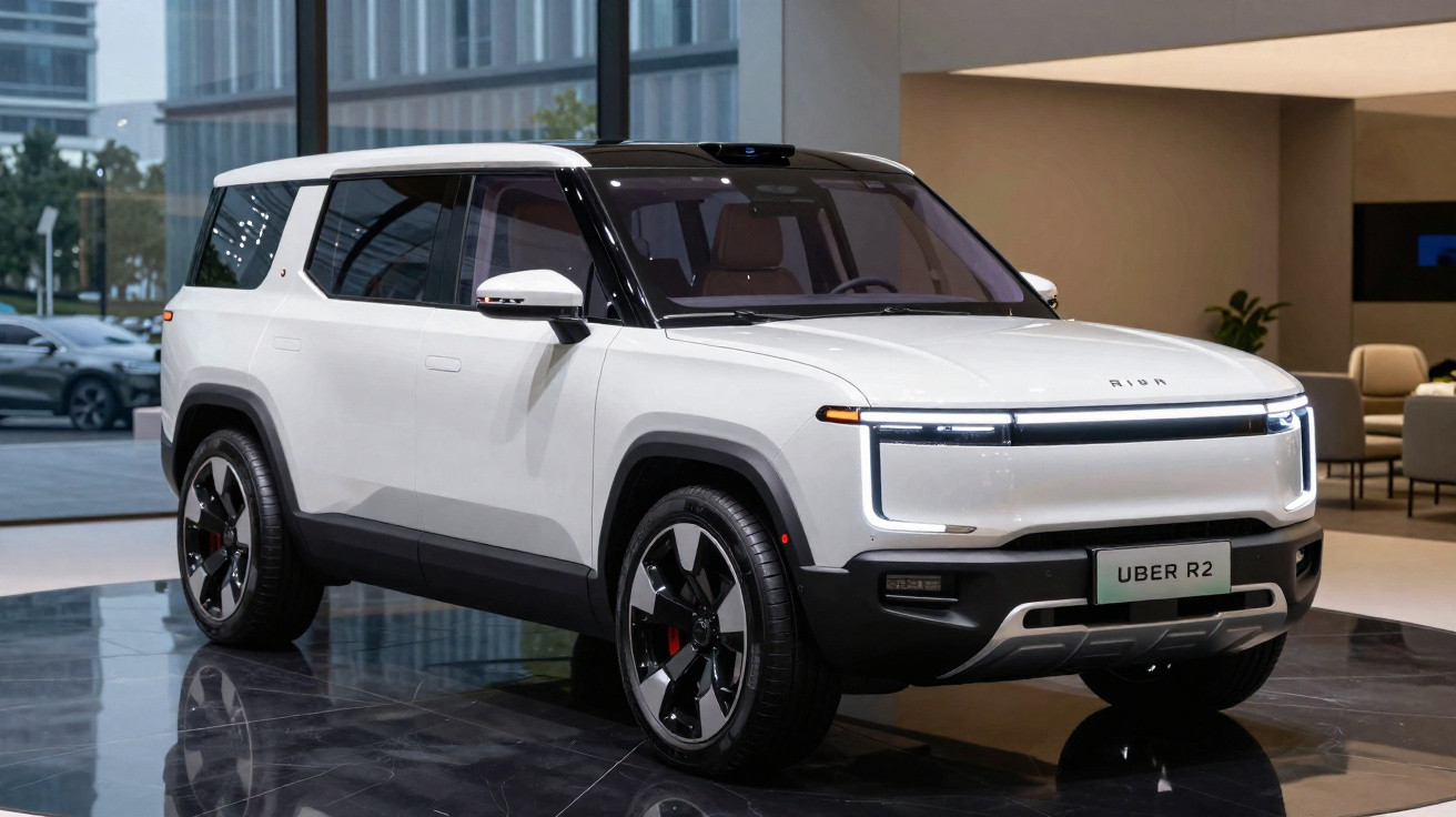 Carro elétrico SUV branco Uber R2 estacionado em ambiente interior moderno com jantes gris e detalhes laranja.
