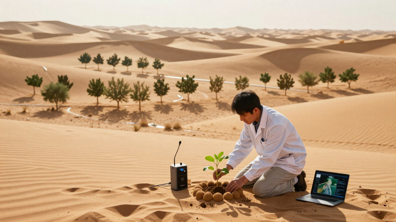 Cientista planta uma muda no deserto com equipamentos tecnológicos e uma linha de árvores ao fundo.