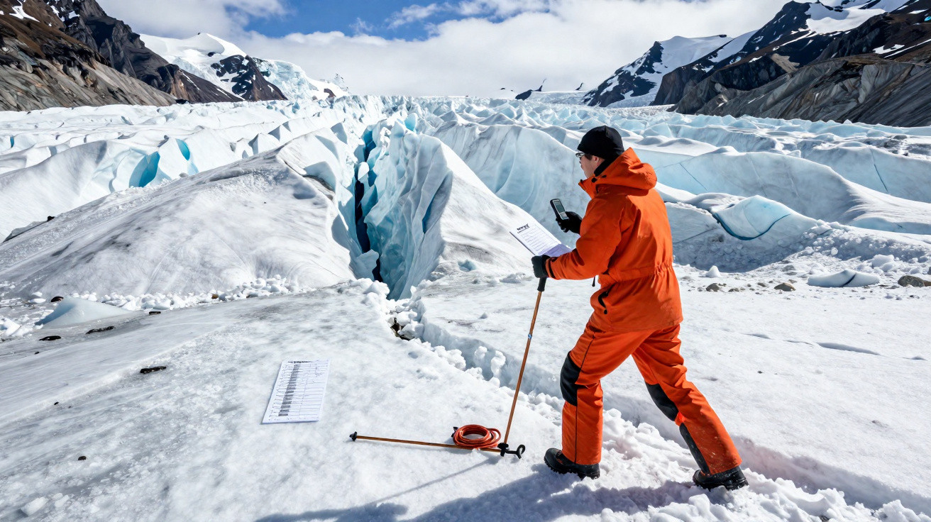 Investigador vestido de laranja observa glaciares e fissuras numa paisagem nevada e montanhosa.