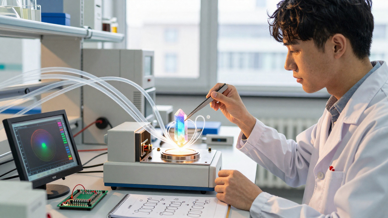 Cientista em laboratório a observar cristal holográfico numa máquina, com gráficos no computador.
