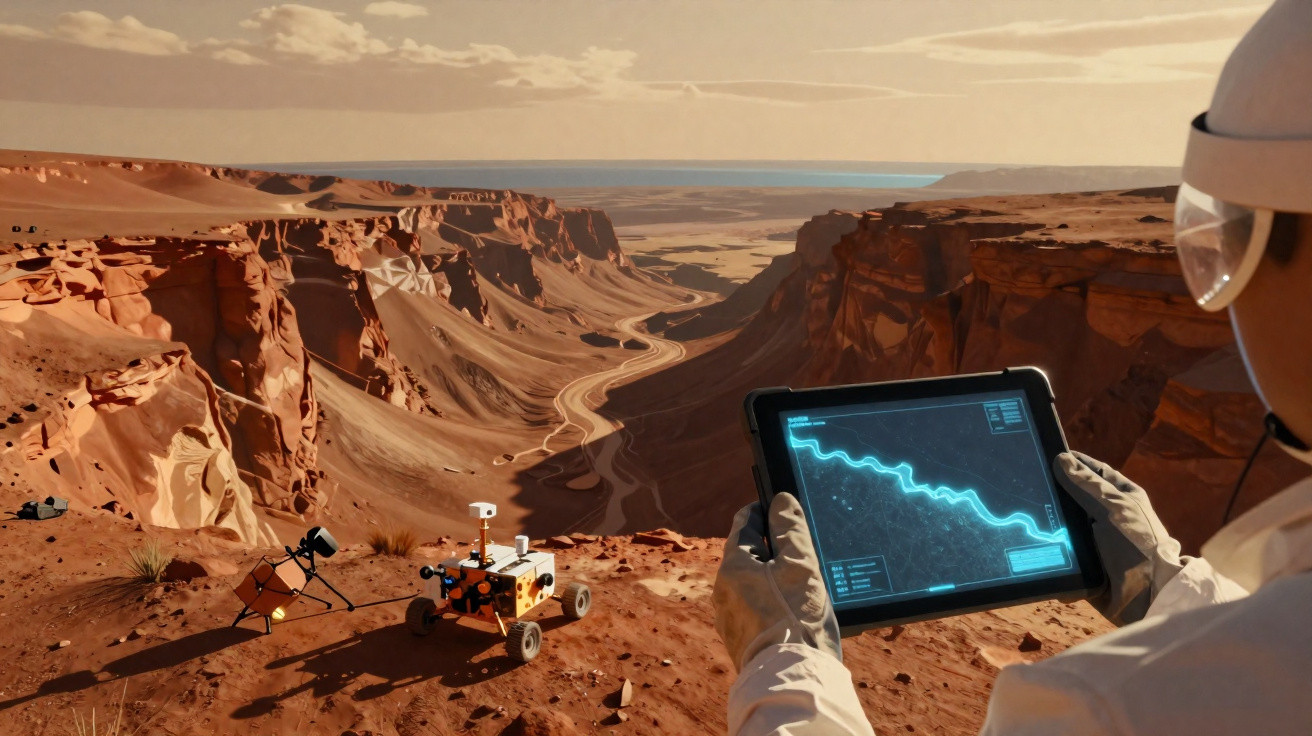Cientista com tablet observa rover em canyon vermelho sob céu nublado, cenário futurista de exploração espacial.