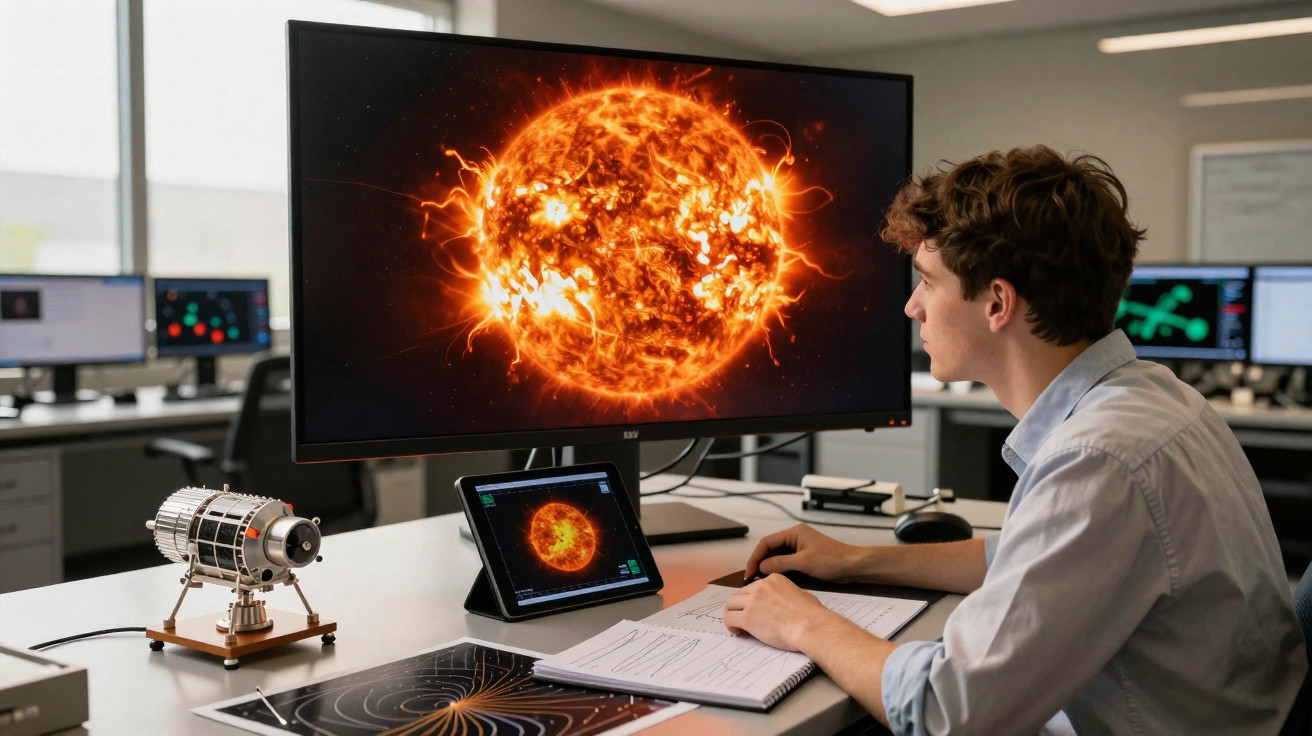Jovem cientista observa imagens do Sol em vários ecrãs num ambiente de laboratório com equipamento tecnológico.