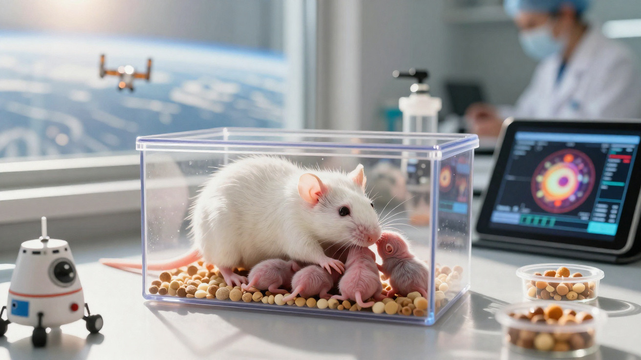 Rato branco e seis ratinhos rosados numa caixa transparente em laboratório científico com investigadores ao fundo.
