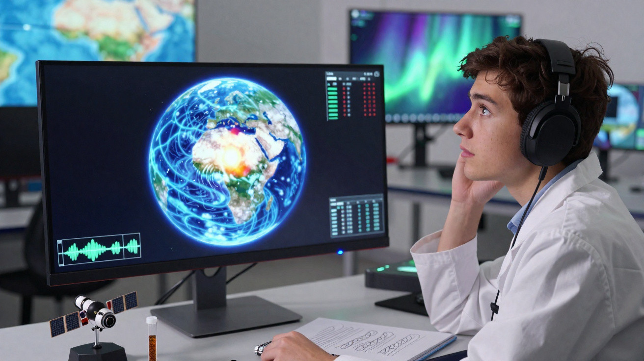 Homem com auscultadores e bata branca observa dados climáticos globais num ecrã de computador.