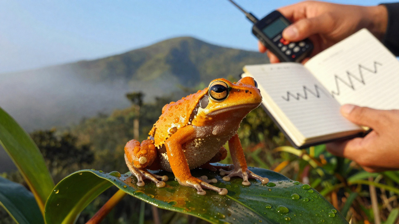 Rã laranja com olhos grandes numa folha húmida, ao fundo caderno aberto e mão a segurar rádio walkie-talkie.