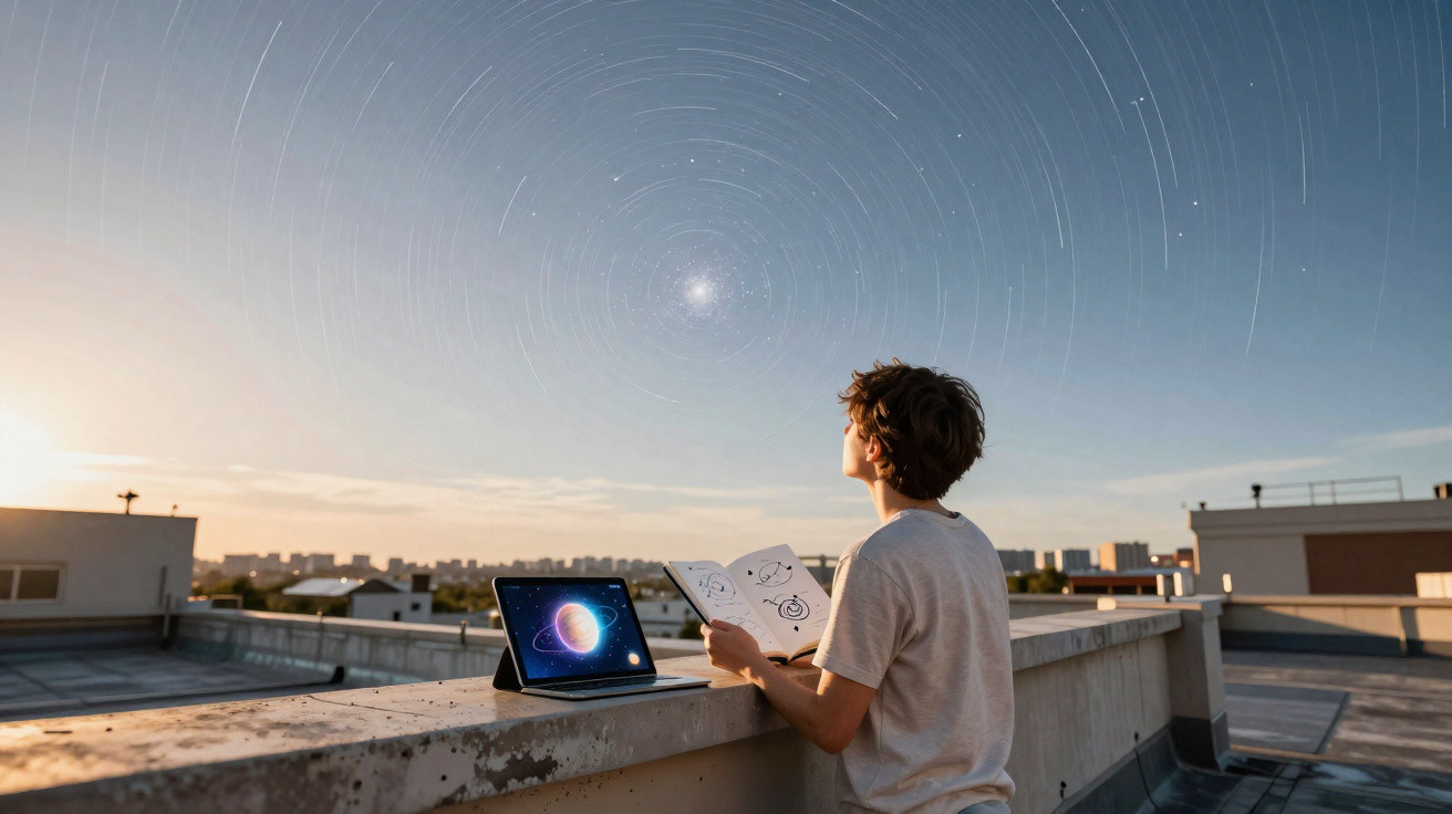 Jovem observa céu com estrelas em movimento, segurando livro de astronomia no terraço ao pôr do sol.